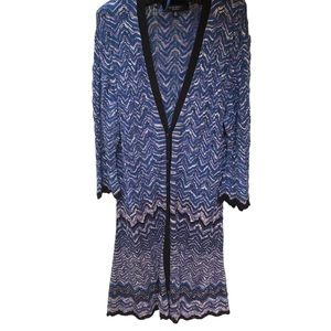 9 West Long Cardigan Duster Blue Flame Stitch Crochet Size 2X EUC